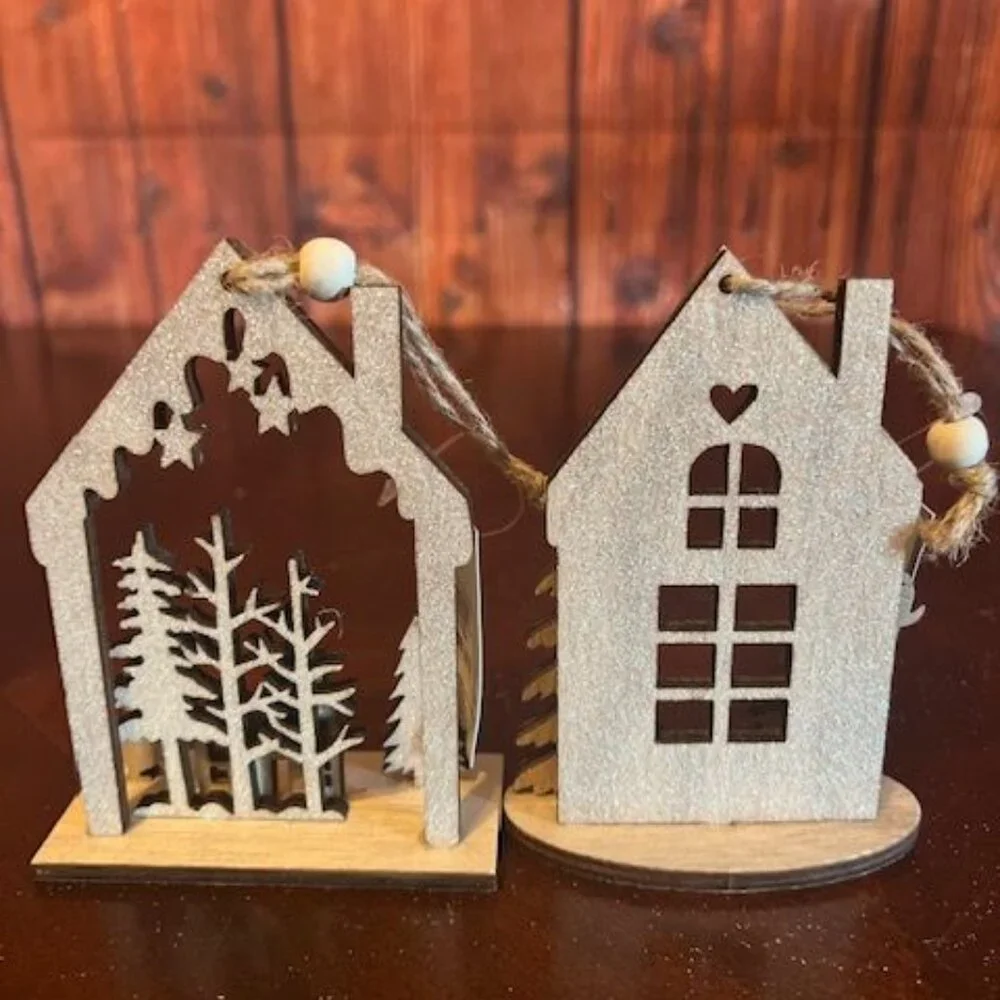 ornament Rustic Wood Christmas House Set‎ of 2 With Reindeer & Pine Trees